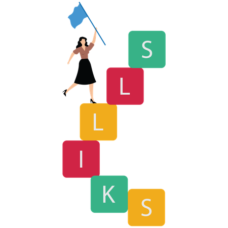 Junge Dame steht auf der Skills-Box, um Wissen und Kompetenz für die berufliche Weiterentwicklung zu erwerben  Illustration