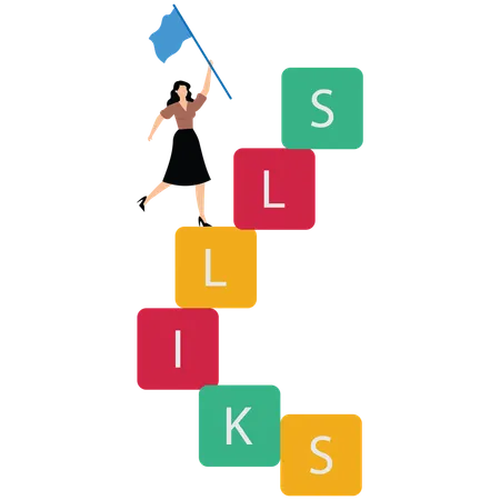 Junge Dame steht auf der Skills-Box, um Wissen und Kompetenz für die berufliche Weiterentwicklung zu erwerben  Illustration