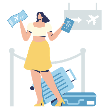 Junge Dame steht mit Bordkarte und Ticket am Flughafen  Illustration