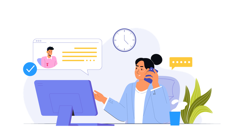 Junge Dame telefoniert mit dem Handy im Callcenter  Illustration