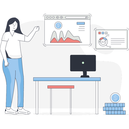 Junge Dame überprüft Online-Einnahmen  Illustration