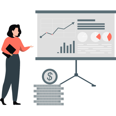 Junge Dame zeigt analytisches Chat-Diagramm  Illustration