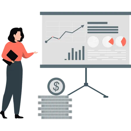 Junge Dame zeigt analytisches Chat-Diagramm  Illustration