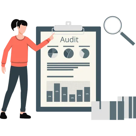 Junge Dame zeigt Audit-Kreisdiagramm  Illustration