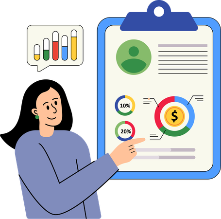 Junge Dame zeigt Clipboard Analysis  Illustration