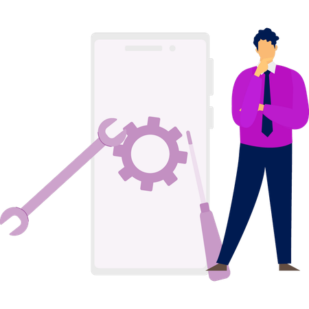 Junge denkt auf dem Handy über Bauwerkzeuge nach  Illustration