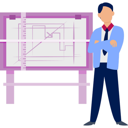 Junge denkt über Architektenplan nach  Illustration