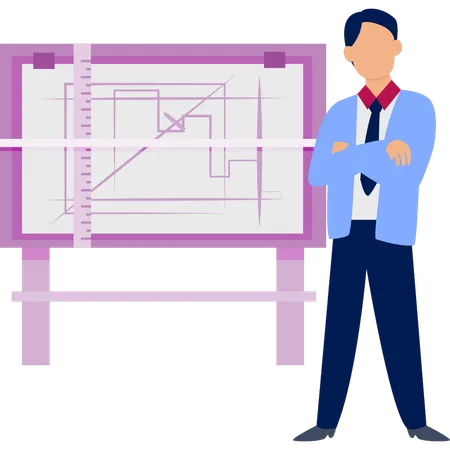 Junge denkt über Architektenplan nach  Illustration