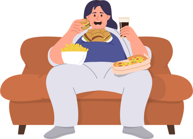 Junge dicke Frau sitzt auf dem Sofa und isst Fastfood  Illustration