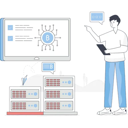 Junge diskutiert über Kryptowährungstechnologie  Illustration