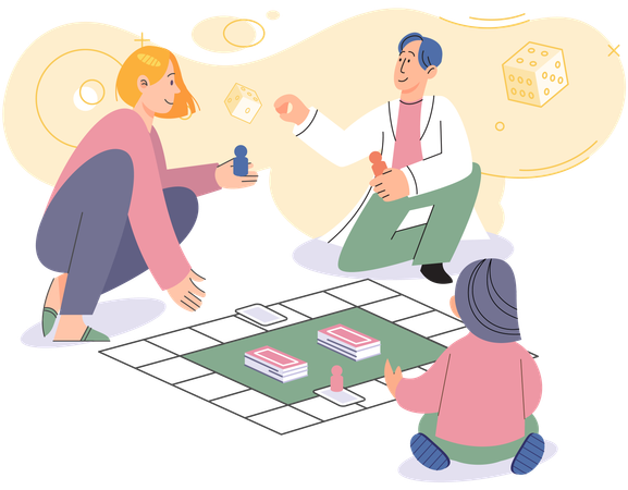 Junge Eltern mit ihren kleinen Kindern sitzen auf dem Boden und spielen zusammen  Illustration
