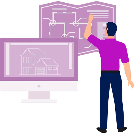 Junge erzählt auf Monitor von Hausbauplan  Illustration