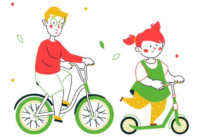 Junge fährt Fahrrad, Mädchen benutzt Tretroller  Illustration