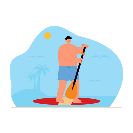 Junge reitet Kajak am Strand  Illustration