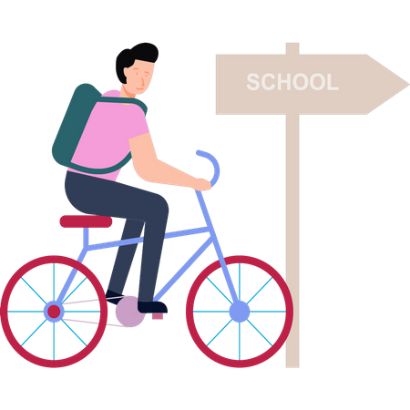 Junge fährt mit dem Fahrrad zur Schule  Illustration