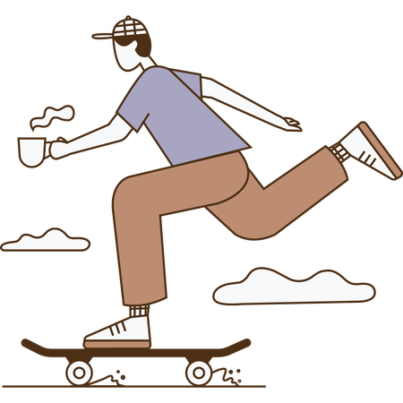 Junge fährt Skateboard und trinkt dabei Kaffee  Illustration