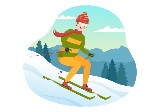 Junge fährt Ski bergab  Illustration