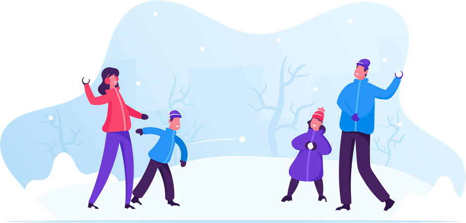 Junge Familie spielt Schneeballschlacht und hat Spaß im Schnee am Wintertag  Illustration