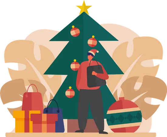 Junge feiert Weihnachten in der Nähe von Weihnachtsbaum  Illustration