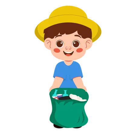 Junge Figur putzt Müll und sammelt Müll  Illustration