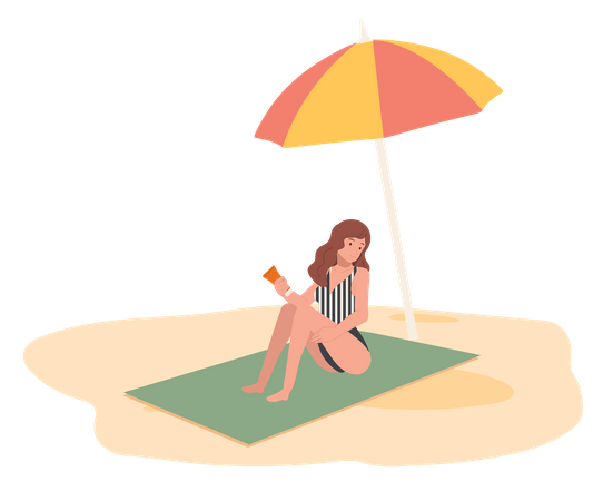 Junge Frau am Strand sitzt auf einer Matte und benutzt Sonnenschutz  Illustration