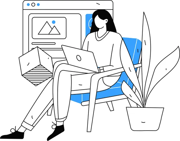 Junge Frau arbeitet zu Hause am Laptop für Webdesign  Illustration