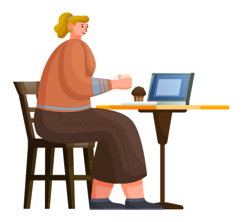 Junge Frau arbeitet im Café  Illustration