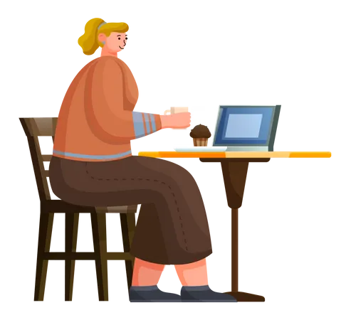 Junge Frau arbeitet im Café  Illustration