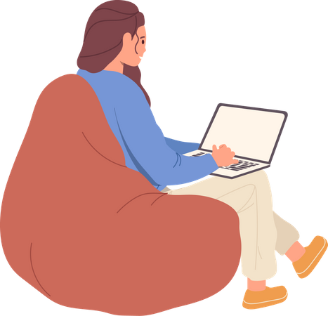 Junge Frau mit Laptop-Computer sitzt auf weicher Tasche  Illustration