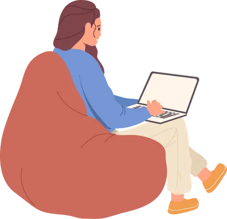 Junge Frau mit Laptop-Computer sitzt auf weicher Tasche  Illustration