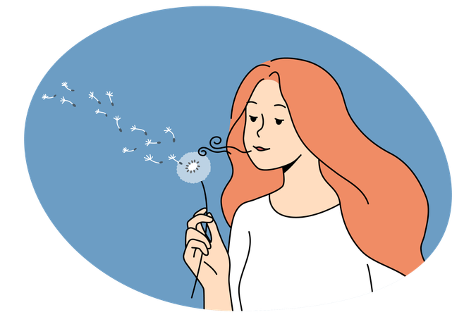 Junge Frau bläst Löwenzahn und genießt den Sommer in der Stadt  Illustration