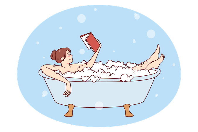 Junge Frau entspannt sich im Bad und liest ein Buch  Illustration