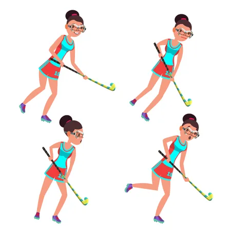 Junge Frau, Feldhockeyspieler, Vector., Gras, Hockey, Game., Girl., Flache, Karikatur, Abbildung  Illustration