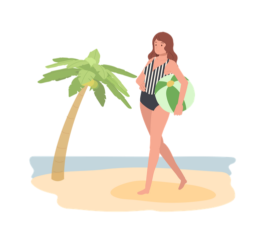 Junge Frau zu Fuß am Strand mit einem Wasserball  Illustration