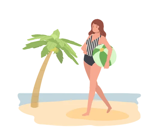 Junge Frau zu Fuß am Strand mit einem Wasserball  Illustration