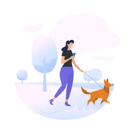 Junge Frau mit Hund im Park spazieren  Illustration