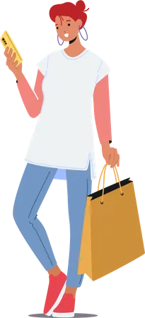 Junge Frau mit Einkaufstüten liest Nachricht auf Smartphone  Illustration