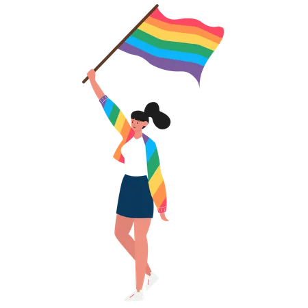 Junge Frau mit Regenbogenfahne feiert LGBTQ-Stolz  Illustration