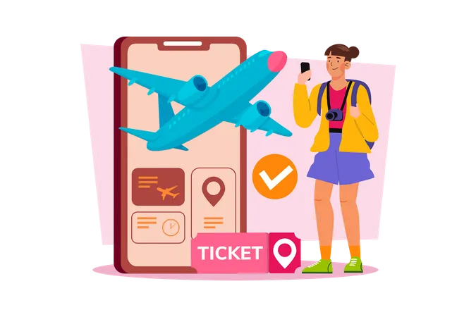 Junge Frau kauft Flugtickets online, um Geld zu sparen  Illustration