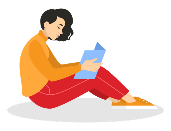 Junge Frau liest ein Buch, während sie auf dem Boden sitzt  Illustration