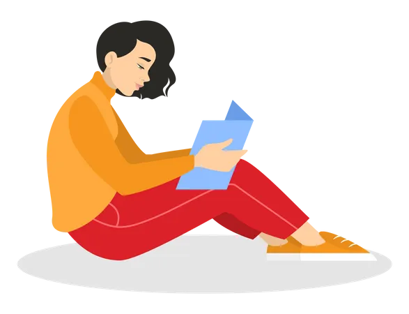 Junge Frau liest ein Buch, während sie auf dem Boden sitzt  Illustration