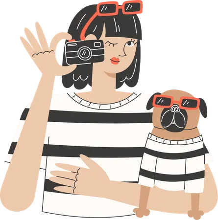 Junge Frau macht Spiegel-Selfie mit ihrem Mops in passenden Outfits  Illustration
