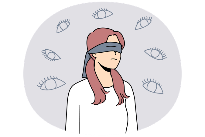 Junge Frau mit Abdeckung auf den Augen fühlen sich mit verschiedenen zahlreichen Augen verfolgt  Illustration