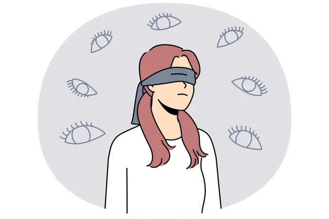 Junge Frau mit Abdeckung auf den Augen fühlen sich mit verschiedenen zahlreichen Augen verfolgt  Illustration