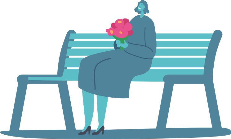 Junge Frau mit Blumenstrauß in den Händen sitzt auf Bank. Glückliche weibliche Figur beim romantischen Dating im Stadtpark  Illustration