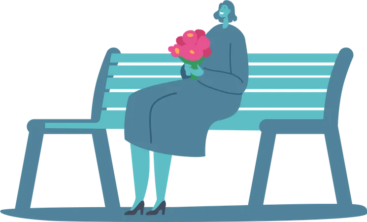 Junge Frau mit Blumenstrauß in den Händen sitzt auf Bank. Glückliche weibliche Figur beim romantischen Dating im Stadtpark  Illustration