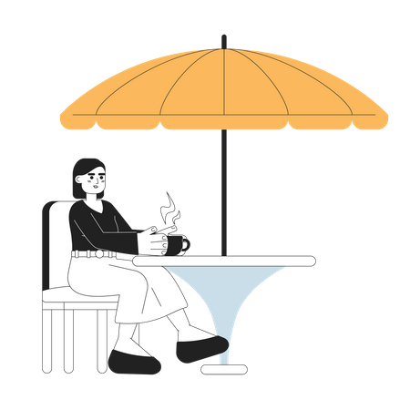 Junge Frau mit Kaffeetasse im Straßencafé im Freien  Illustration