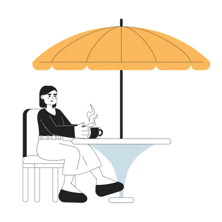 Junge Frau mit Kaffeetasse im Straßencafé im Freien  Illustration