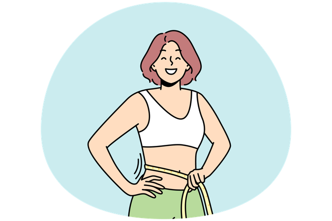 Junge Frau mit Klebeband an der Taille begeistert von Diät- und Sportergebnissen  Illustration