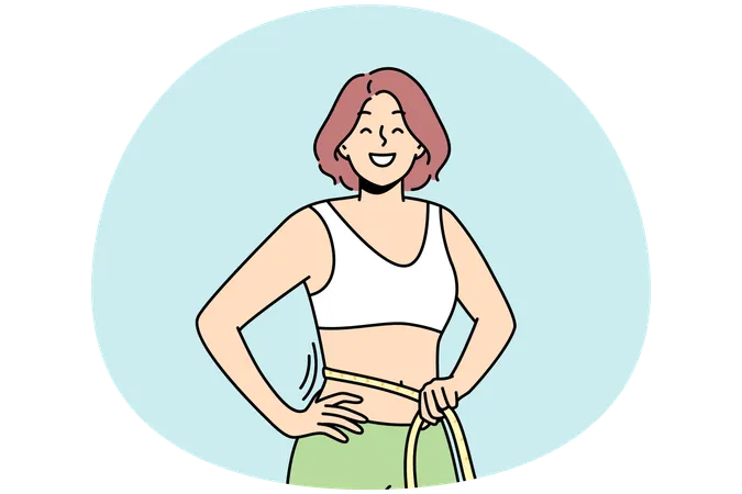 Junge Frau mit Klebeband an der Taille begeistert von Diät- und Sportergebnissen  Illustration